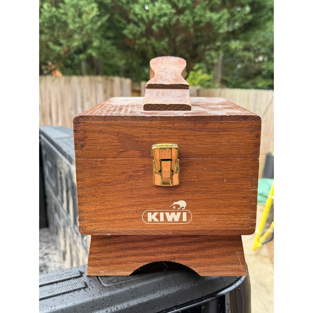 Vintage Kiwi Wooden Shoe Shine Box Valet Kit with Polish and Brushes Brown Wood